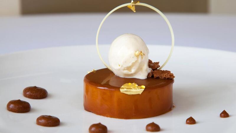 Crossogue Irish coffee curd mousse with feuilletine and gold leaf served with Crossogue lemon curd ice cream served at the Irish Food Writers’ Guild awards lunch at l’Ecrivain restaurant