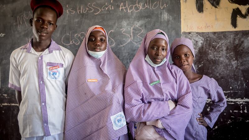 Mikail, Maryam, Amina and Hyeladzira – students of the 777 Junior Secondary School in Maiduguri. Photograph: Sally Hayden