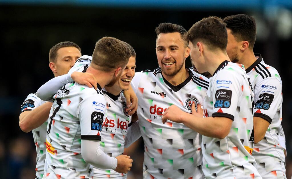 Paddy Kirk celebrates scoring the opening goal with Bohemians team-mates during the SSE Airtricity League Premier Division match against Drogheda United at Head in The Game Park. Photograph: Evan Treacy/Inpho