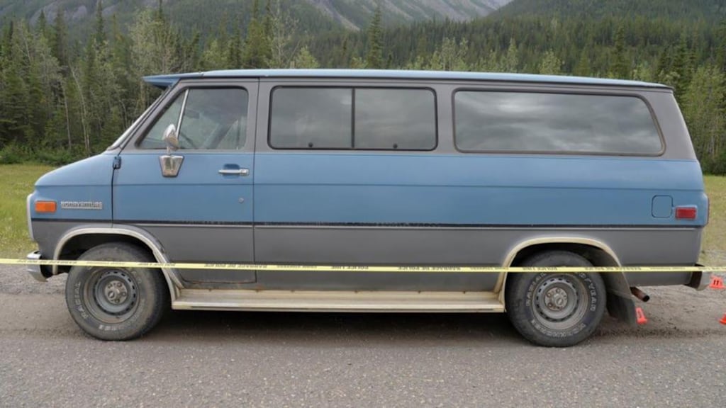 A blue 1986 Chevrolet van is seen in an undated photo provided by the Royal Canadian Mounted Police (RCMP) at the site of a double homicide where Chynna Noelle Deese (24) of the US and Lucas Robertson Fowler (23) of Australia were found dead near Liard Hot Springs, British Columbia, Canada. Photograph: RCMP Handout/Reuters