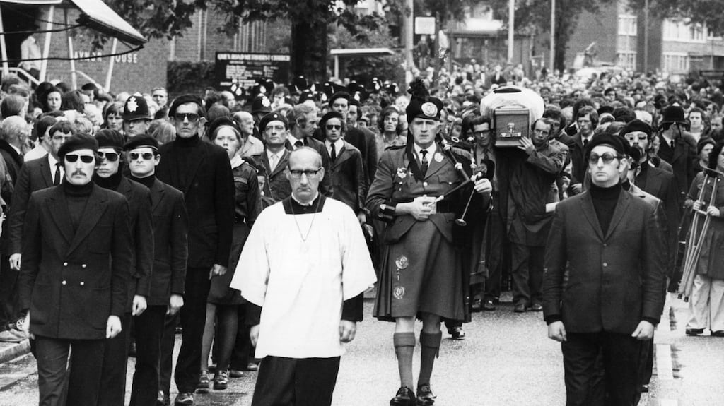 The coffin of IRA hunger striker Michael Gaughan leaves a church in Kilburn with an IRA escort on June 8th, 1974. His death after force feeding by prison doctors influenced the World Medical Association’s ethics committee to declare the practice unethical in 1975. Photo: Frank Barratt/Keystone/Getty Images