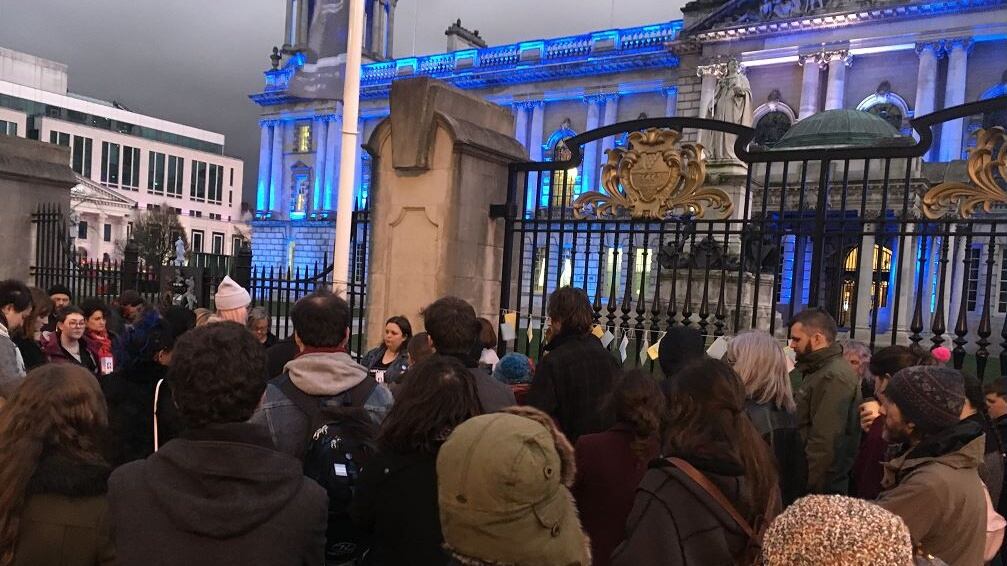 “Never again” was the message from the candlelight vigil outside Belfast City Hall, organised by Alliance for Choice and the Belfast Feminist Network to mark the fifth anniversary of Ms Halappanavar’s death. Photograph: Amanda Ferguson