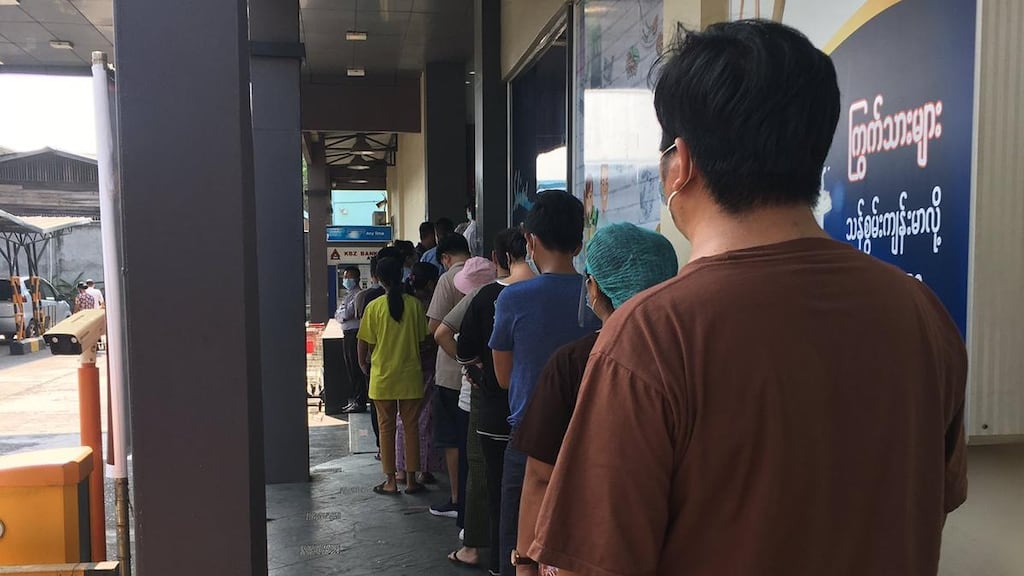 People queue outside a supermarket in Thingangyun following the overnight coup. Photograph: Marie Starr via Twitter