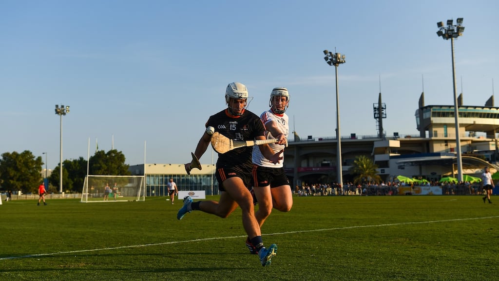 Greg Murphy, formerly of Cork and now with Abu Dhabi Na Fianna and a sub on the 2018 All-Stars, is tackled by Cork’s Patrick Horgan at Zayed Sport City in Abu Dhabi, UAE. Photograph: Ray McManus/Sportsfile