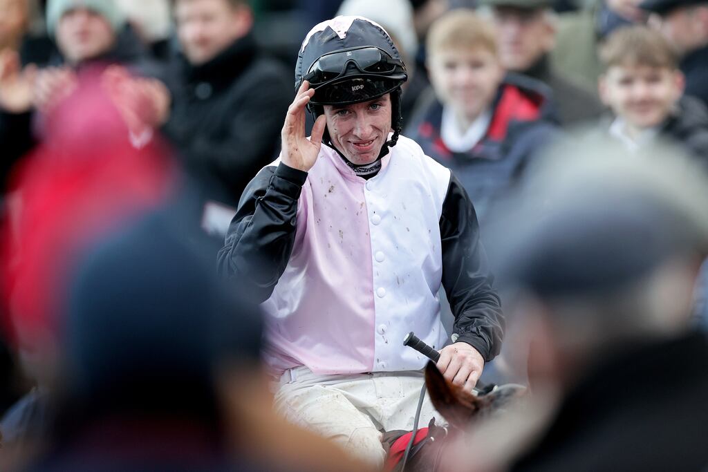 Jack Kennedy celebrates winning the Hatton's Grace Hurdle after an audacious ride on Teahupoo. Photograph: Laszlo Geczo/Inpho