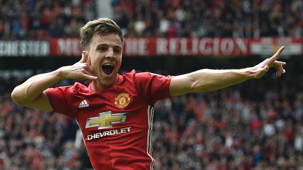 Manchester United midfielder Josh Harrop celebrates scoring their opening goal in the the Premier League match against Crystal Palace at Old Trafford. Photograph: Oli Scarff/AFP/Getty Images