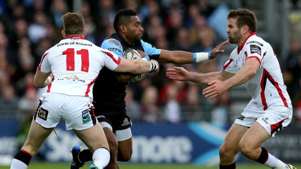 Glasgow’s Niko Matawalu takes on Ulster’s Jared Payne. Ian Keatley must recognise Glasgow’s varied set up and create the opportunity to expose Matawalu. Photograph: Ryan Byrne/Inpho