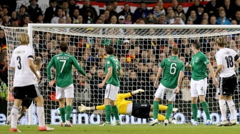 Toni Kroos scores during germany’s 6-1 win over Irleand in 2012. Photograph: James Crombie/Inpho
