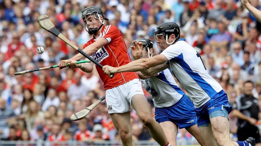 Waterford’s Kevin Moran tries to block Darragh Fitzgibbon during the semi-final. “We have to try and set up as best we can to prevent teams from scoring goals.” Photograph: Lorraine O’Sullivan/Inpho