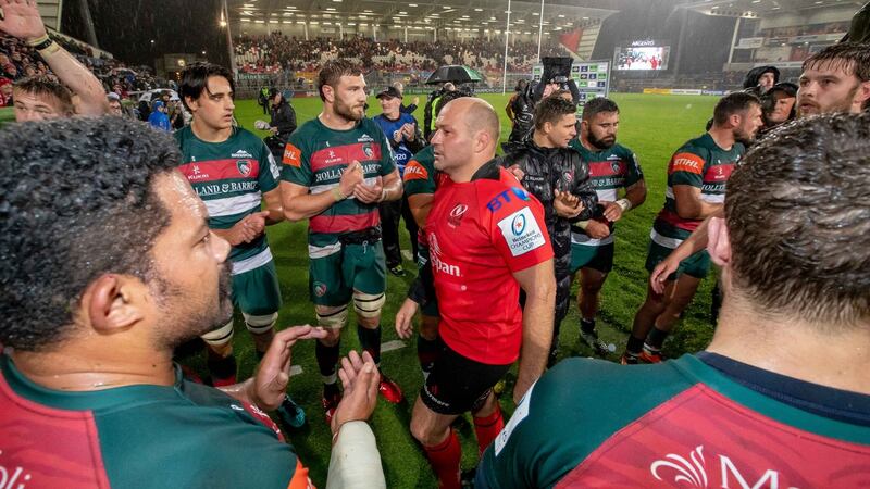 Ulster captain Rory Best walks off through the Leicester players after the Heineken Champions Cup game at the Kingspan stadium. Photograph: Morgan Treacy/Inpho