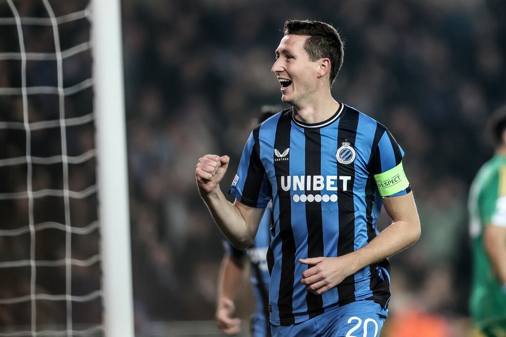Club Brugge's Hans Vanaken celebrates scoring against Aston Villa at Jan Breydel Stadium in Bruges. Photograph: Belga/PA