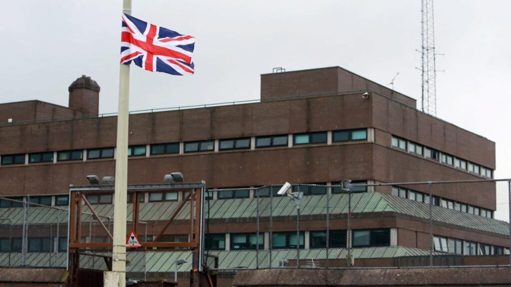 A union flag outside Antrim police station, where Gerry Adams was being questioned. Photograph: EPA/Paul McErlane
