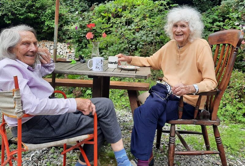 Elizabeth and Jan Morris in the garden of their house in North Wales in 2018 when they were both in their nineties.