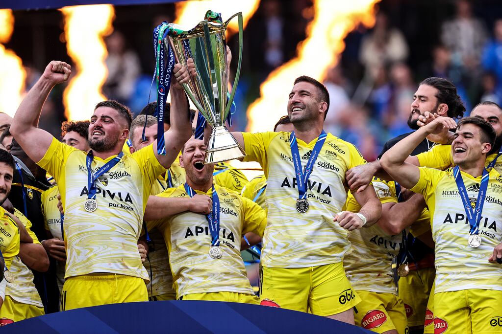 Stade Rochelais' Gregory Alldritt, Stade Rochelais' Romain Sazy and Stade Rochelais' Remi Picquette. Photograph: Billy Stickland/Inpho