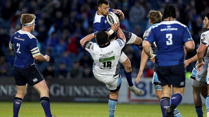 Leinster’s Zane Kirchner is tackled by Zander Fagerson. Photo: Tommy Dickson/Inpho