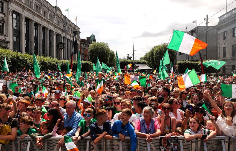 People gather in Dublin on Monday to welcome home Irish athletes from the Olympic Games in Paris. Photograph: Ben Brady/Inpho