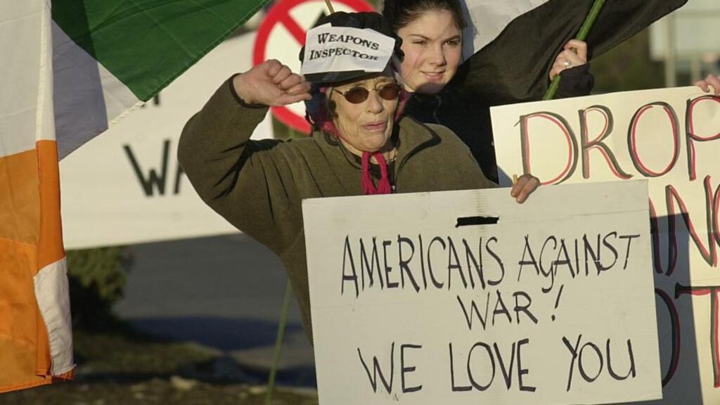 A file photograph of Margaretta Darcy protesting at the Women’s No To War Camp at Shannon Airport in 2003. She has been given a two week suspended sentence for making an unauthorised incursion into Shannon airport last September. Photograph: Brenda Fitzsimons/The Irish Times.