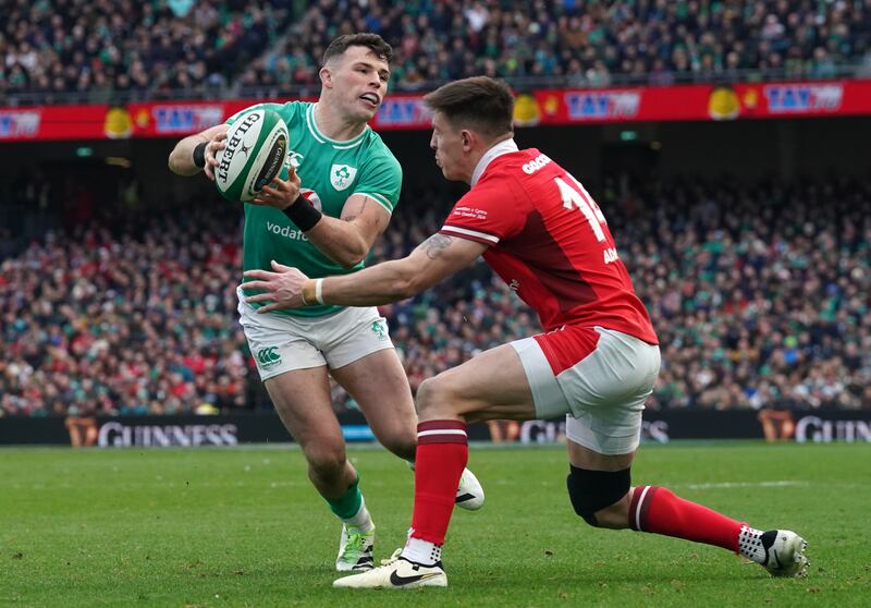Calvin Nash is tackled by Wales' Josh Adams during the Six Nations victory over the visitors at the Aviva Stadium. Photograph: Brian Lawless/Inpho