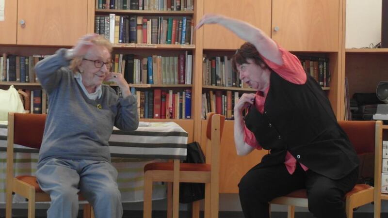 Stretching to Strauss: Hildegard Görlitz and Renate Adly at their weekly gymnastics class. Photograph: Derek Scally