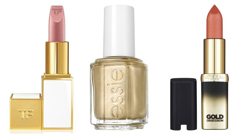 Tom Ford’s glorious lipstick; Essie’s Getting Groovy nail polish; L’Oréal’s Gold Obsession lipstick.