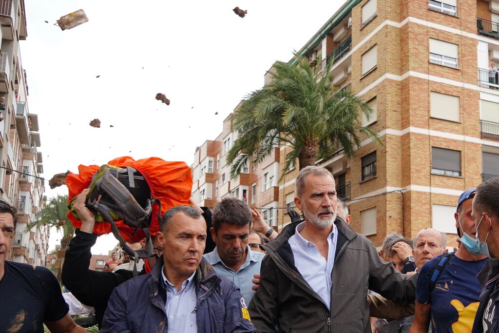 King Felipe VI of Spain is heckled by angry residents who threw mud and other objects during his visit to Paiporta, near Valencia, on November 3th, 2024. Photograph: Manaure Quintero/AFP
