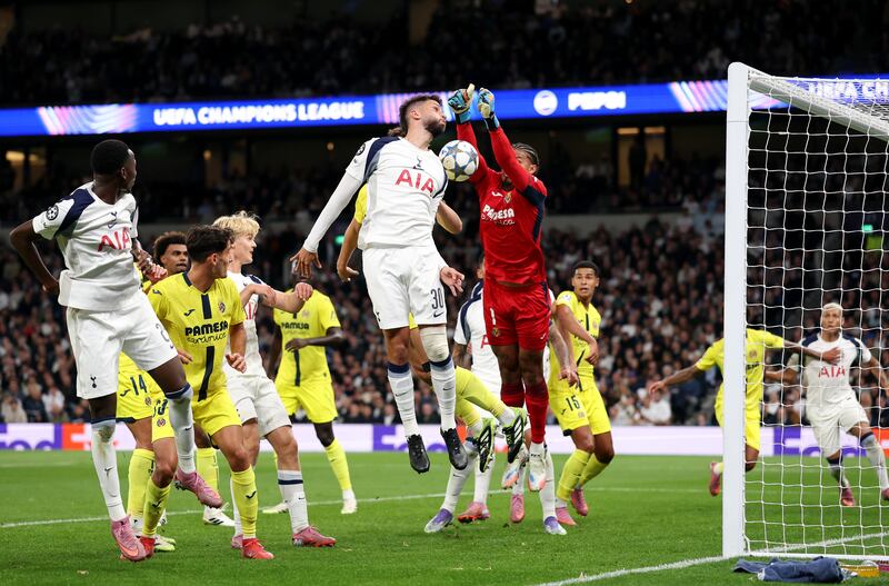 Rodrigo Bentancur of Tottenham Hotspur has a headed chance whilst under pressure from Luiz Junior of Villarreal. Photograph: Justin Setterfield/Getty