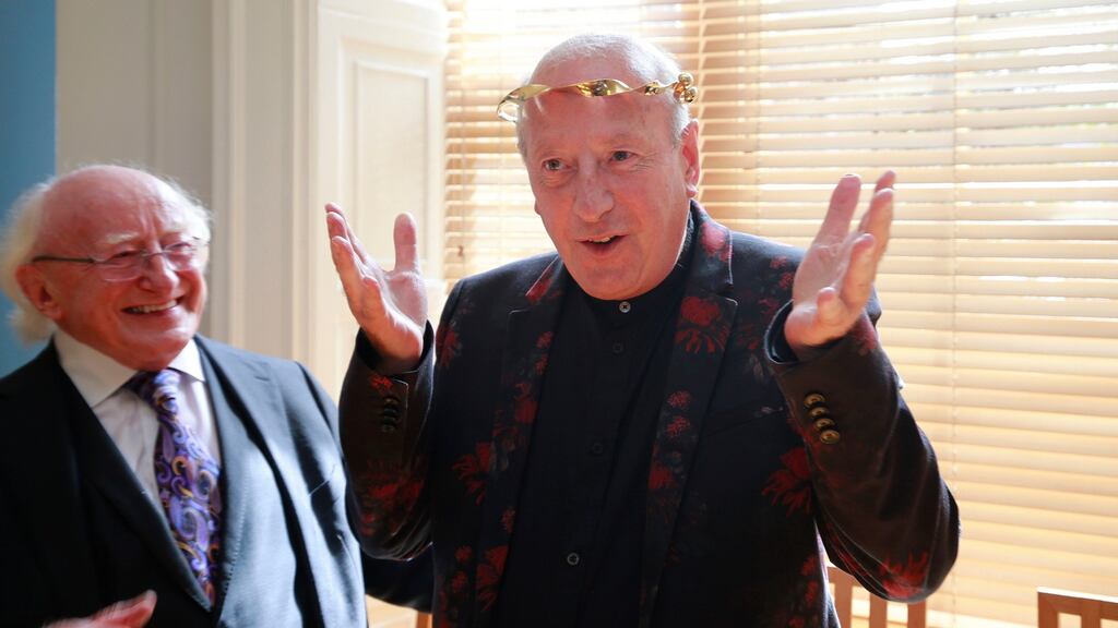 President Michael D Higgins and Roger Doyle at a ceremony honouring the composer as a Saoi in Aosdána, in recognition of outstanding achievement in the arts. Photograph: Nick Bradshaw for The Irish Times