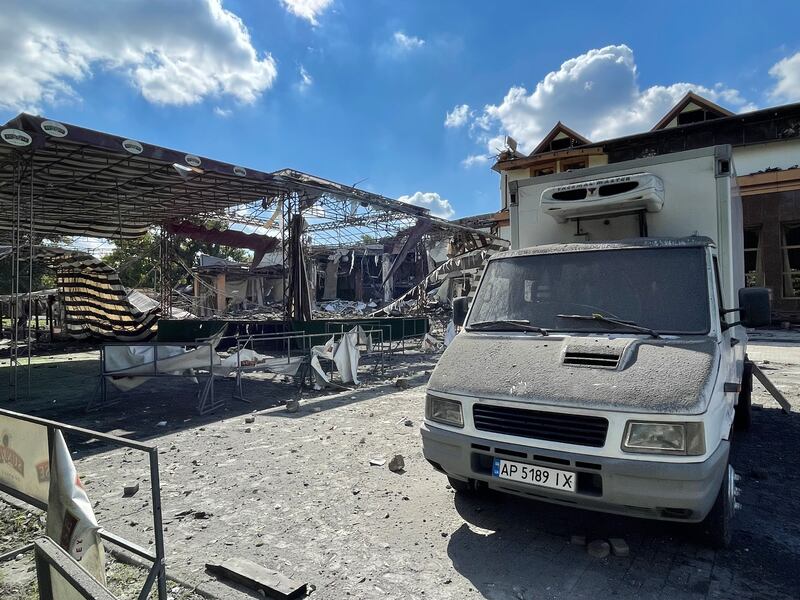The ruins of the Sunrise Park hotel and restaurant in central Zaporizhzhia, southeastern Ukraine, after a Russian missile strike on Thursday. Photograph: Daniel McLaughlin