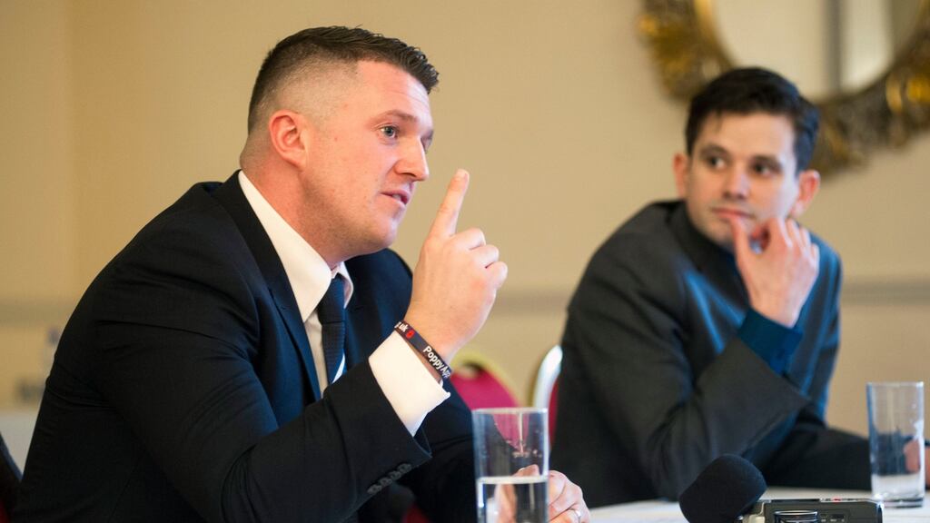 Former English Defence League founder Tommy Robinson and Peter O’Loughlin of Identity Ireland pictured at a press conference in Cork. Photograph: Daragh Mc Sweeney/Provision