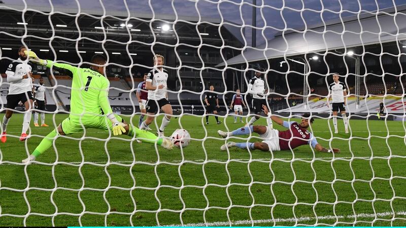 Tyrone Mings scores Aston Villa’s third against Fulham. Photograph: Mike Hewitt/Getty