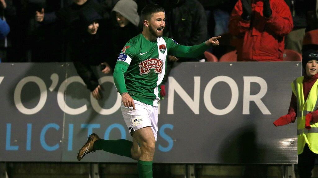 Cork City striker Seán Maguire celebrates scoring his second goal in the SSE Airtricity League Premier Division game against Bohemians at Turner’s Cross. Photograph: Donall Farmer/Inpho