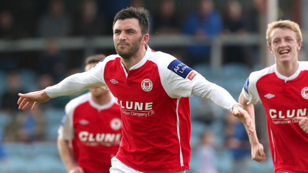 Killian Brennan celebrates his winner against Drogheda at hunky Dory’s Park. Photograph: Ryan/Inpho