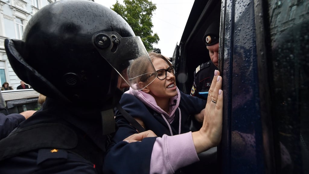Police officers detain opposition politician Lyubov Sobol. Photograph: VASILY MAXIMOV/AFP/Getty Images