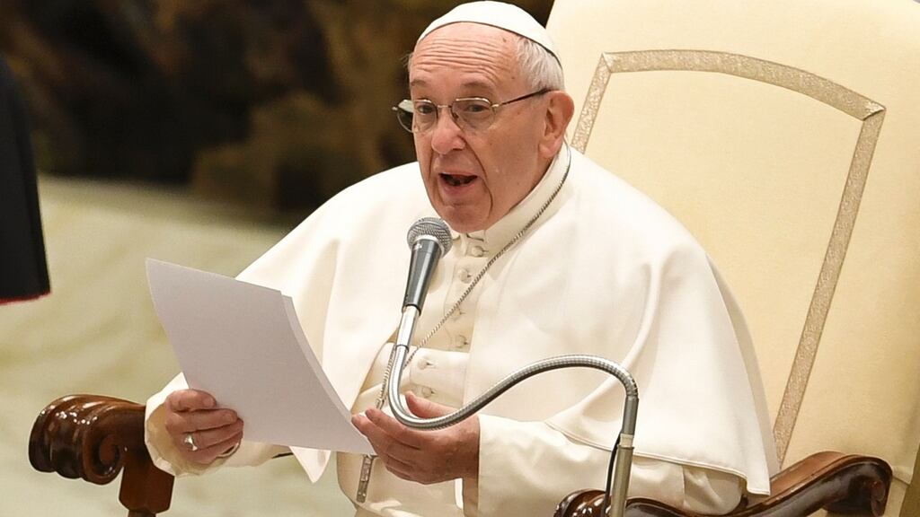Pope Francis speaks to the faithful during a general audience at the Vatican. Photograph: AFP
