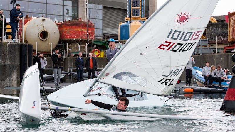 Liam Glynn celebrating winning the inaugural race at the launch of the new Irish Sailing Performance HQ. Photograph: David Branigan/Oceansport