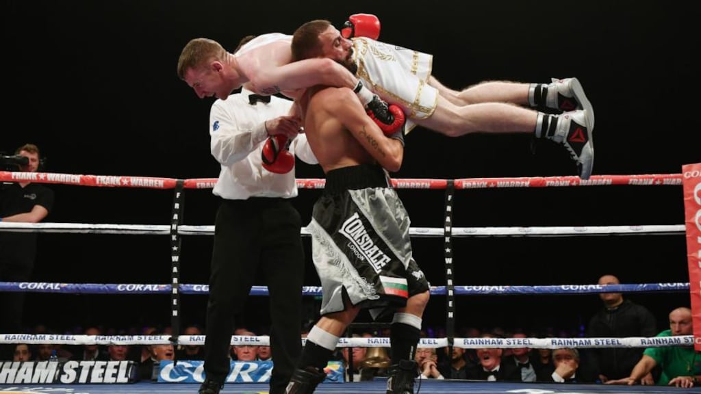 Stefan Slavchev was disqualified for lifting up Paddy Barnes during their bout in Belfast, handing Barnes victory on his professional debut. Photograph: Getty