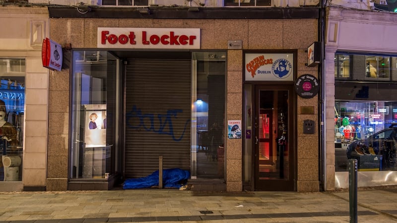 Night town: when prison authorities asked for an address for the girl who sleeps in one of the doorways, she put down “the Foot Locker, Grafton Street”. Photograph: Dara Mac Dónaill