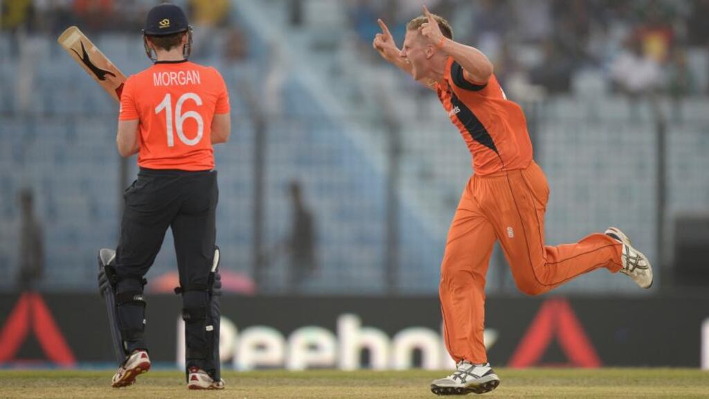 Timm van der Gugten of the Netherlands celebrates dismissing Eoin Morgan of England during the ICC World Twenty20 match in Chittagong, Bangladesh. Photograph: Gareth Copley/Getty Images