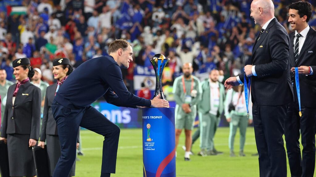 Chelsea manager Thomas Tuchel touches the trophy on the stage at the end of the 2021 Fifa Club World Cup final against Brazil’s Palmeiras at Mohammed Bin Zayed stadium in Abu Dhabi. Photograph: Giuseppe Cacace/AFP via Getty Images