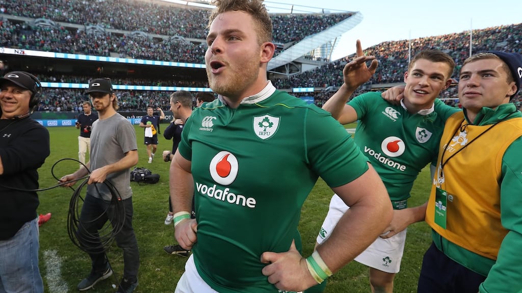 Finlay Bealham celebrates Ireland’s victory over the All Blacks at Soldier Field. Photograph: Billy Stickland/Inpho