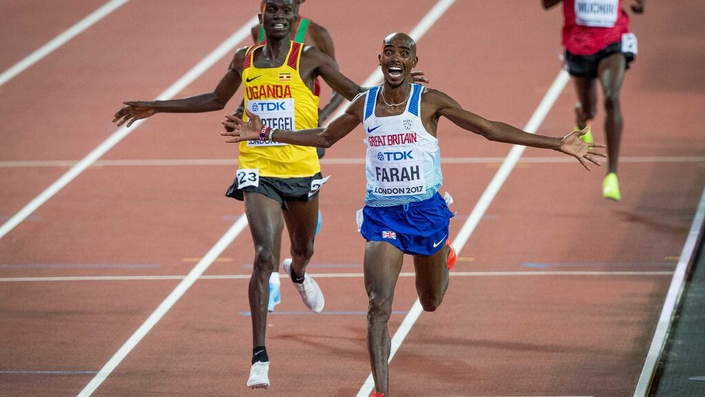 Mo Farah celebrates winning 10,000m gold in the 2017 World Championships in London. Photograph: Morgan Treacy/Inpho