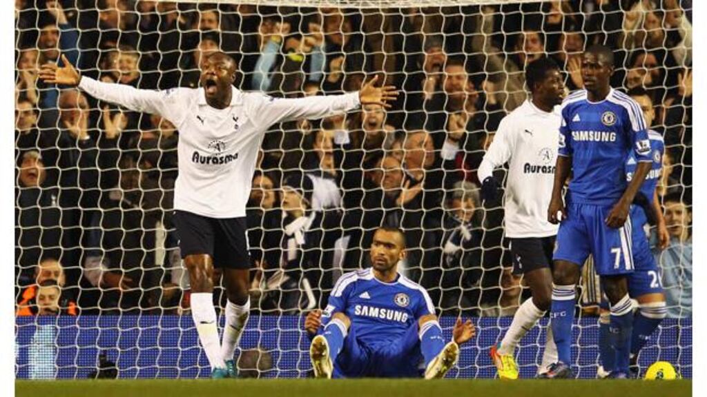 William Gallas protests after Emmanuel Adebayor's effort is chalked off against Chelsea. Photograph: Richard Heathcote/Getty Images