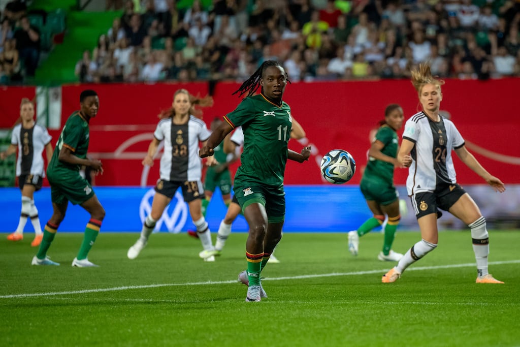 Barbra Banda in action for Zambia during the friendly against Germany at Sportpark Ronhof Thomas Sommer in Fürth. Photograph:Sebastian Widmann/Getty Images