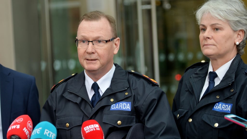 Supt John Gordon and Chief Supt Lorraine Wheatley speak to the media after the sentencing. Photograph: Alan Betson