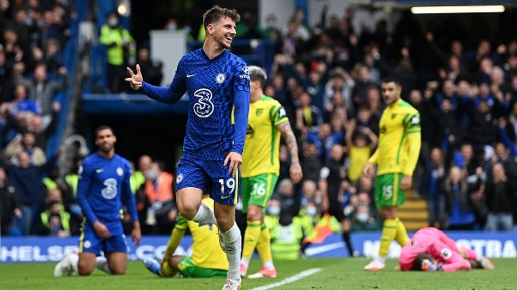 Mason Mount of Chelsea celebrates after scoring his side’s seventh goal against Norwich: Photograph: Shaun Botterill/Getty Images