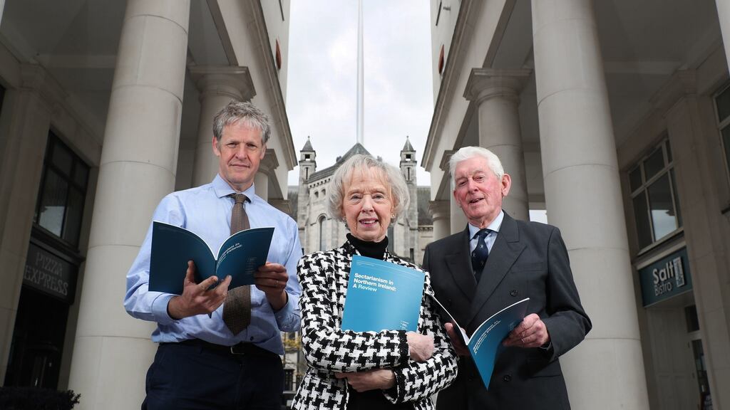 Prof Duncan Morrow, Ulster University; Lady Moyra Quigley and Ronnie Kells, Sir George Quigley Committee chair. Prof Morrow is the author of Sectarianism in Northern Ireland: A Review. Photograph: Kelvin Boyes/Press Eye/PA Wire