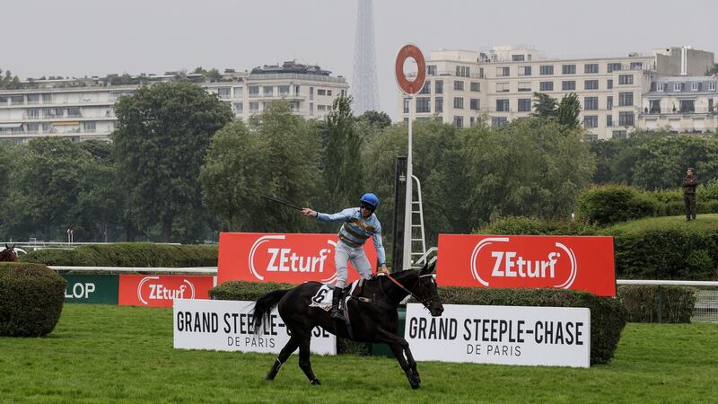 Davy Russell riding Carriacou reacts as they cross the finish line to win the 141st edition of the Grand Steeple-Chase de Paris at the Auteuil Hippodrome in May 2019. Photograph: Geoffroy van der Hasselt/AFP via Getty Images