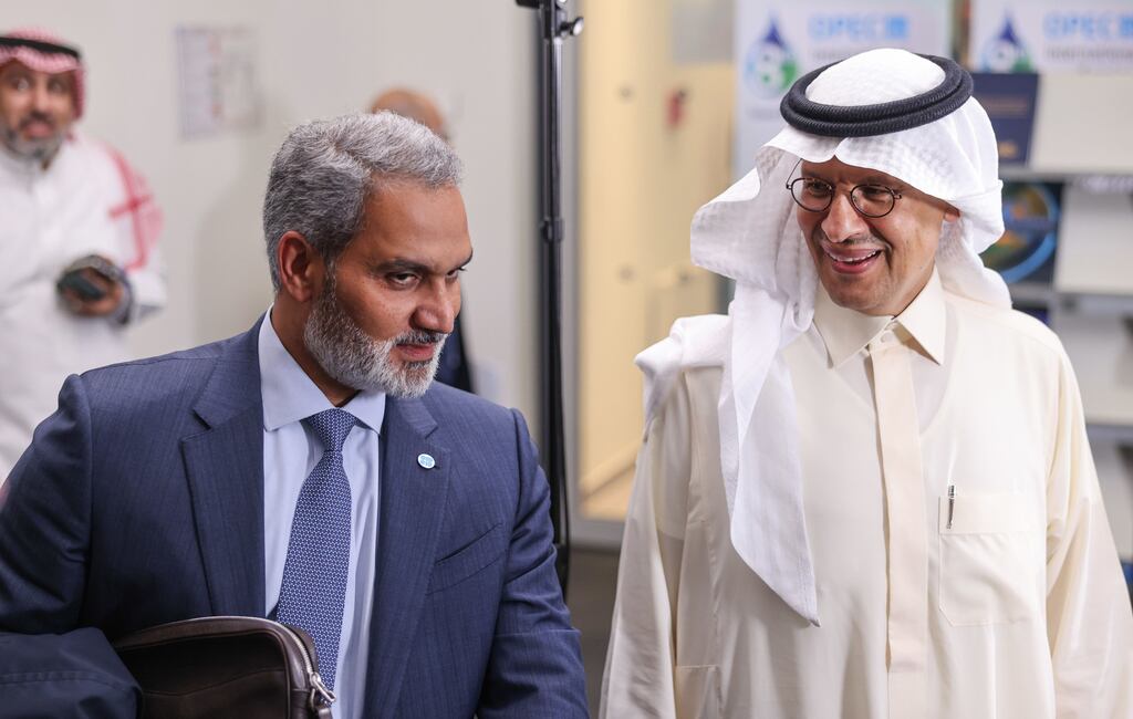 Haitham al-Ghais, secretary-general of Opec, left, and Abdulaziz bin Salman, Saudi Arabia's energy minister, following the meeting of the Organization of Petroleum Exporting Countries (OPEC) and non-OPEC countries in Vienna, on Wednesday . Photograph: Akos Stiller/Bloomberg