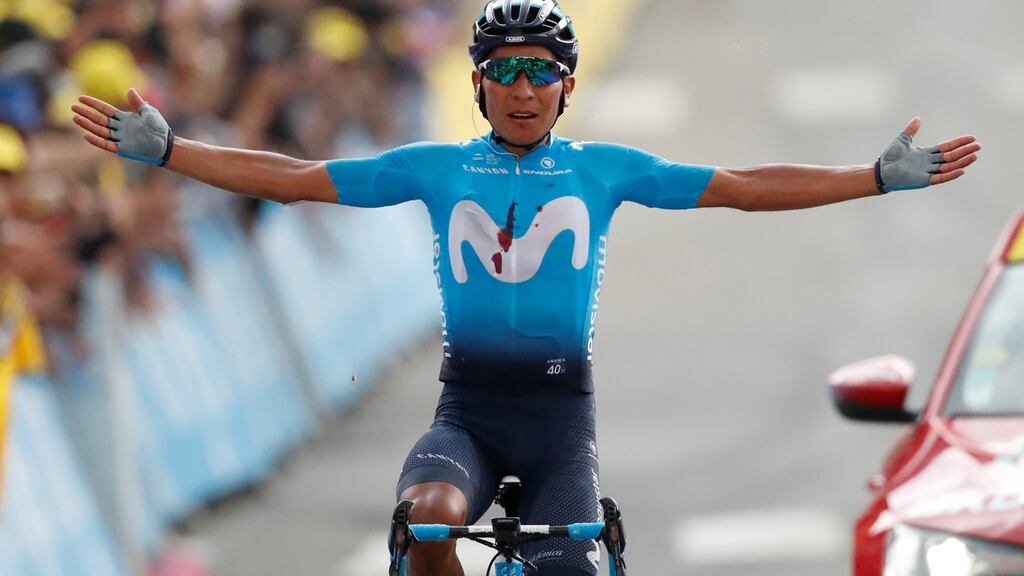Movistar rider Nairo Quintana of Colombia wins the 18th stage of the Tour de France from Embrun to Valloire. Photograph: Christian Hartmann/Reuters