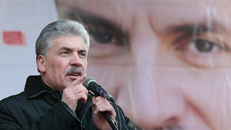 Pavel Grudinin speaks at a rally to mark Defender of the Fatherland Day in central Moscow. Photograph: Tatyana Makeyeva/Reuters